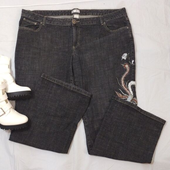 Y2K Faded Black Floral Eagle Embroidered Flare Jeans Plussize 24W - Picture 8 of 17
